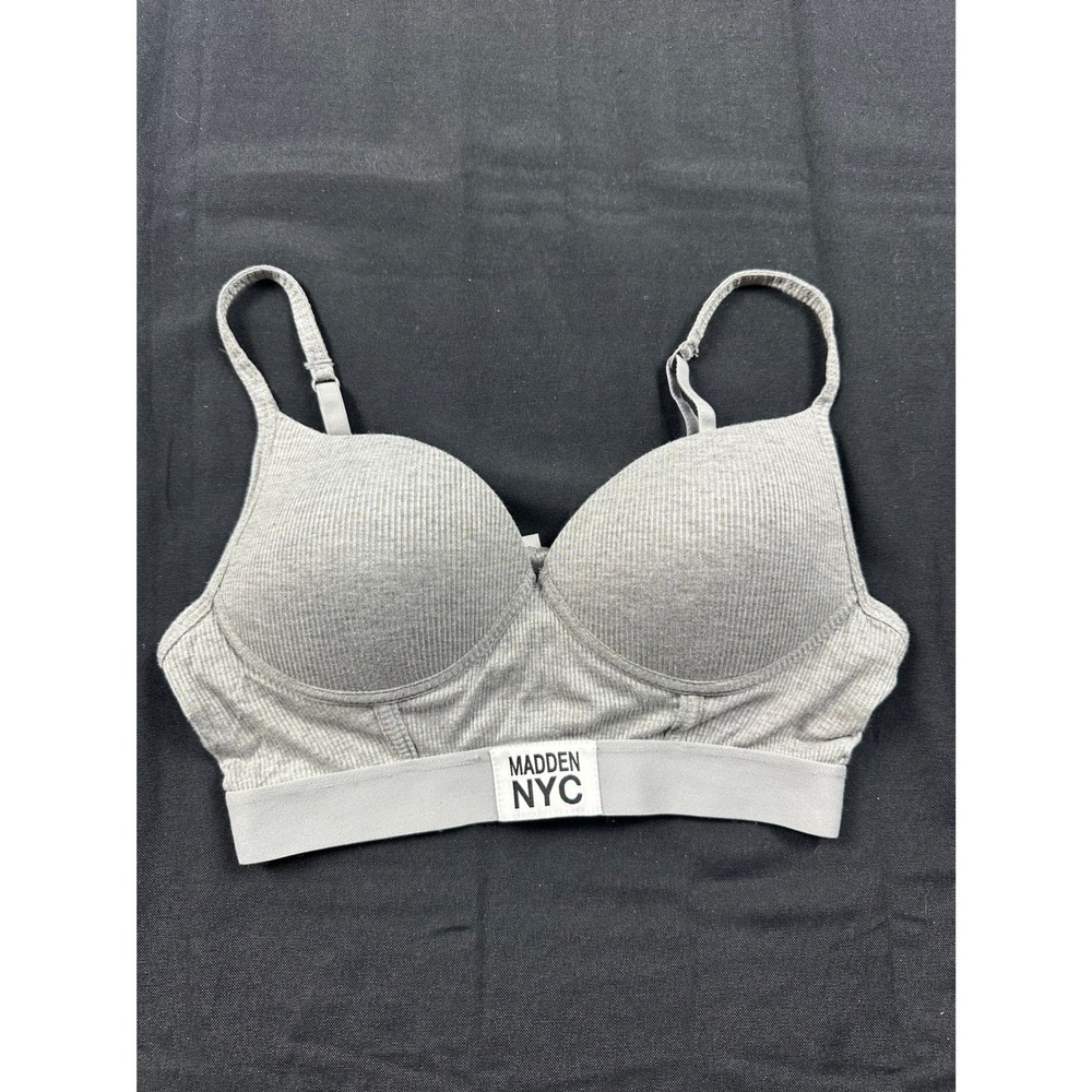 Madden NYC Womens Ribbed Padded Bralette Heather Gray Adjustable Straps Size S